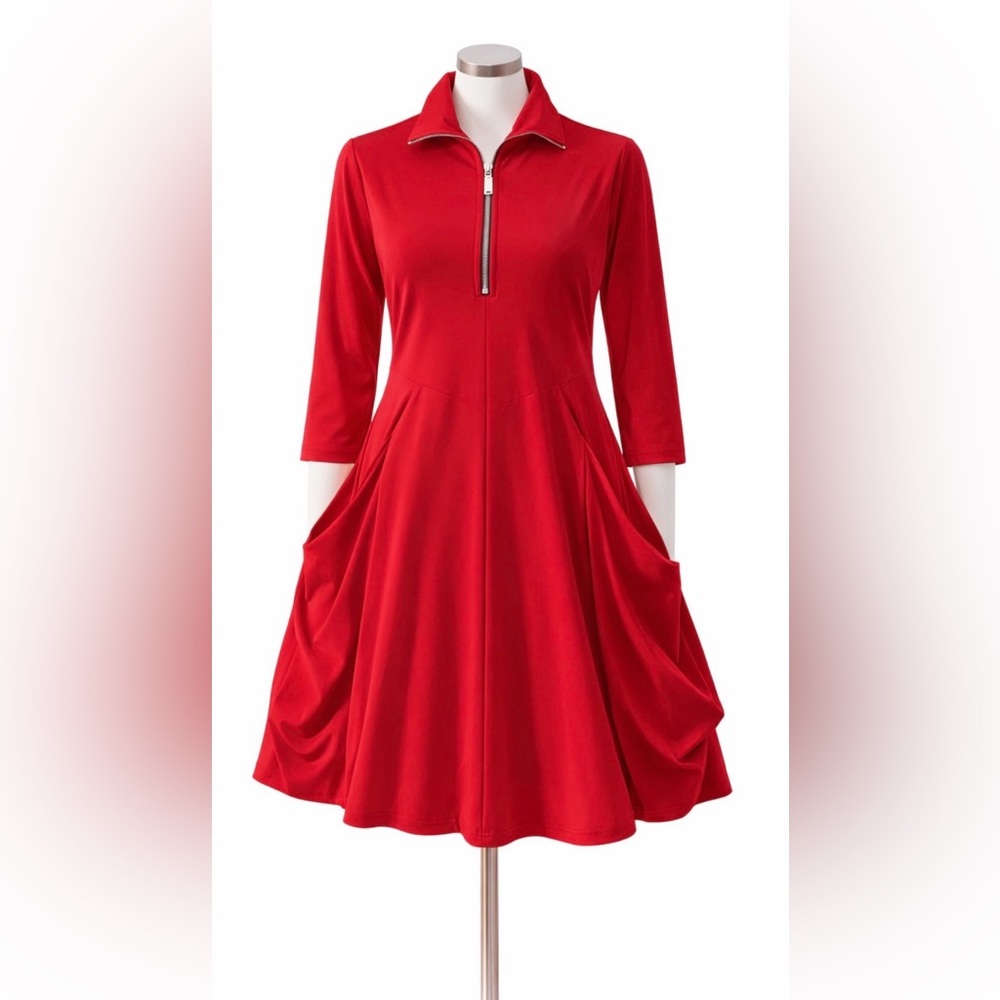 Last Tango Red Mini Dress with Zip Collar & Draped Pockets